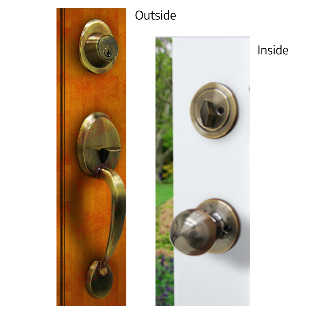 NuSet | Kwikset Keyed Alike Entry Handleset | Malibu Antique Brass